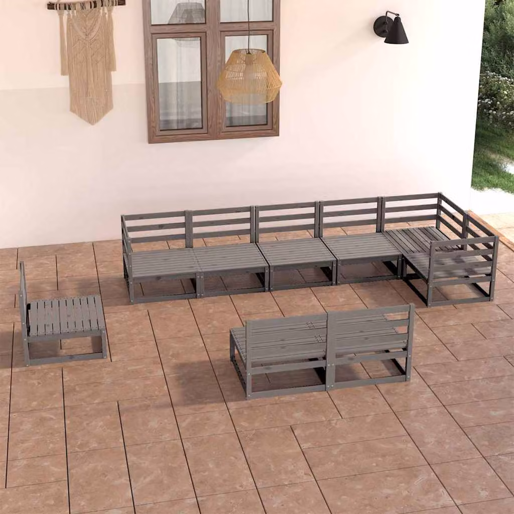 Set Divani da Giardino vidaXL 9 pz in Legno di Pino con Cuscini Grigio
