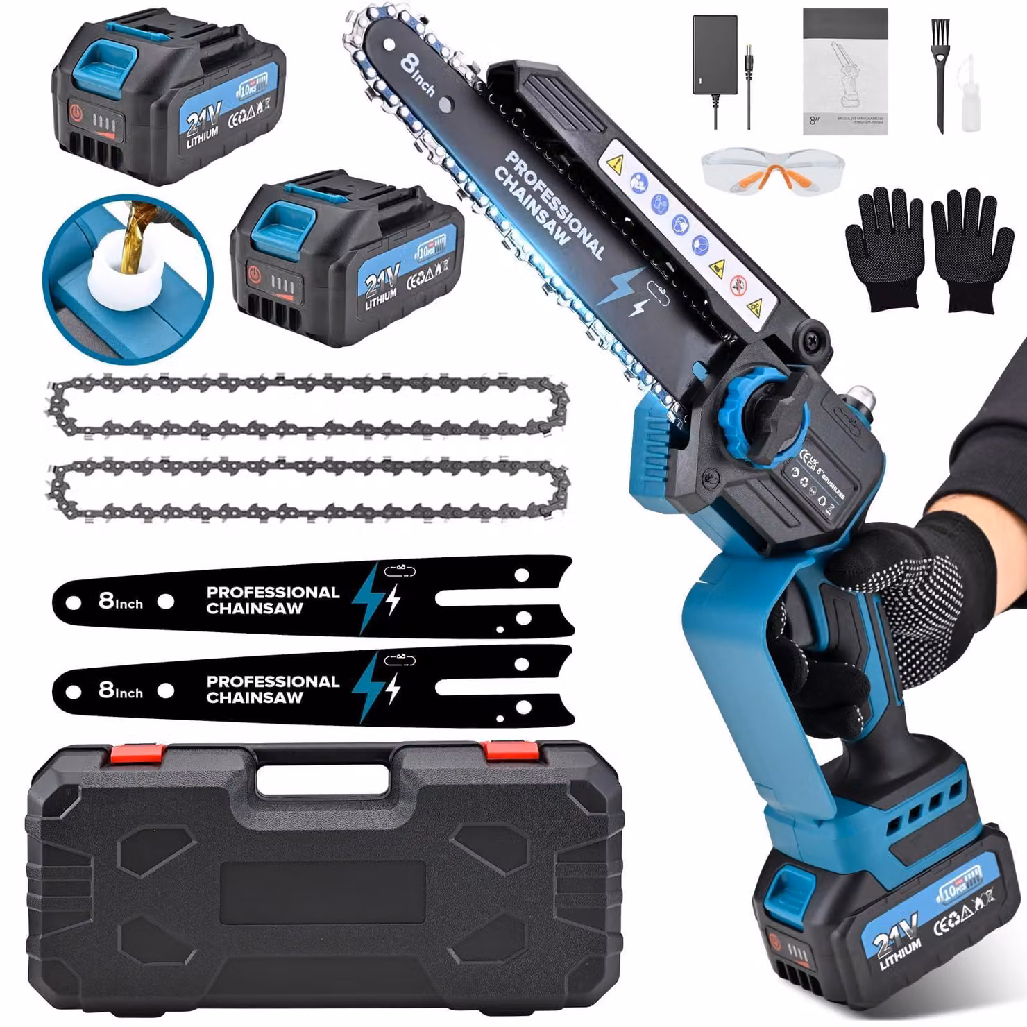 Troncatrice elettrica portatile da 8000mAh, 21V, con batteria - Potenza: 1200W - Lunghezza catena: 8 pollici - Ideale per giardinaggio e lavorazione del legno