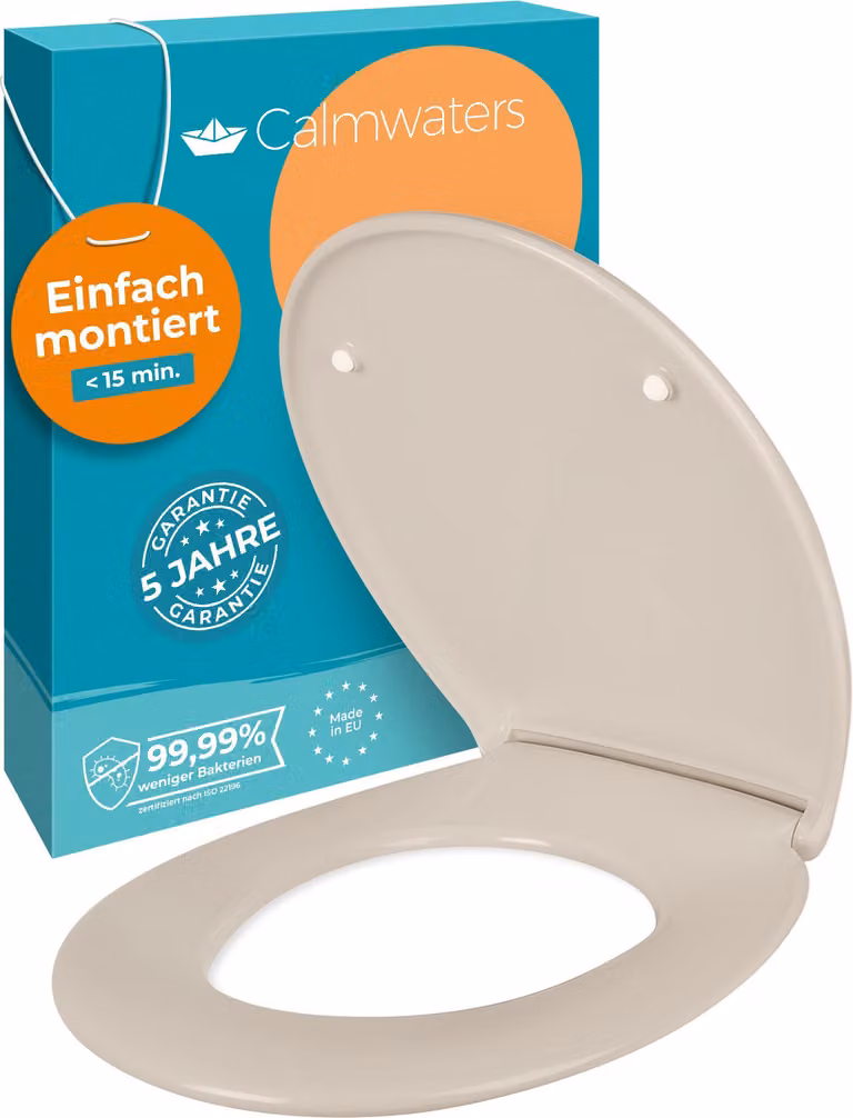 Sedile per WC Calmwaters® Premium di facile installazione, coperchio per WC fino a 250 kg, EU, duroplastica antibatterica, doppio meccanismo di chiusura morbida, 2 opzioni di installazione, rimovibile, sedile per WC, ovale, Pergamon