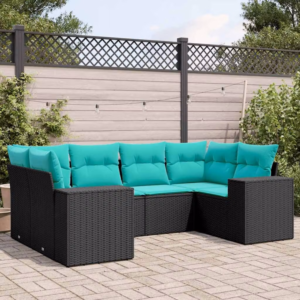 Set di divani da giardino vidaXL a forma di L composto da 6 pezzi con cuscini, struttura in metallo e rattan, colore nero, blu e turchese