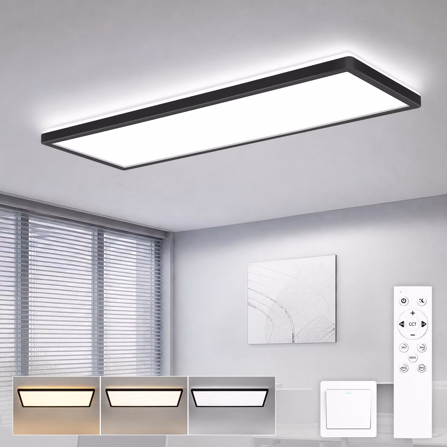Pannello LED ZMH, 58x20 cm, plafoniera a LED da 24W, pannello a soffitto piatto, dimmerabile, lampada a soffitto con telecomando, grande, rettangolare, lampada a luce diurna per officina, colore nero