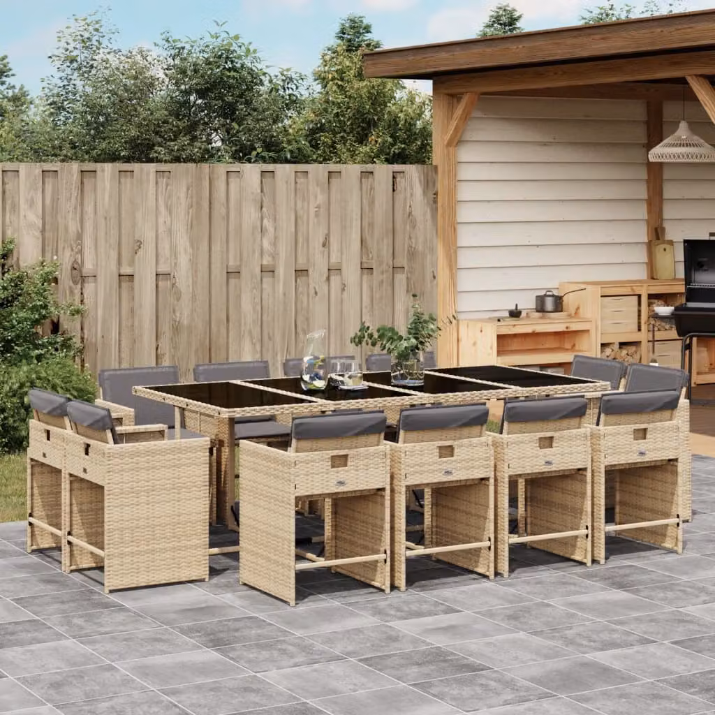 Set Pranzo da Giardino vidaXL in Polyrattan da 13 Pezzi con Cuscini Beige e Piano in Vetro – 1