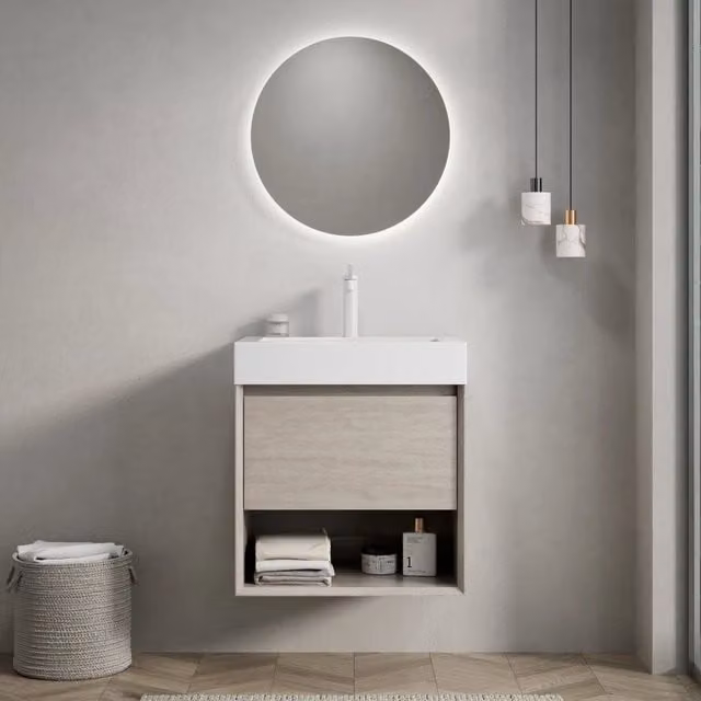 Lavabo da bagno a muro 55 cm con lavabo rettangolare in resina bianca, mobile in compensato finitura rovere chiaro, 1 cassetto e 1 ripiano aperto, preassemblato