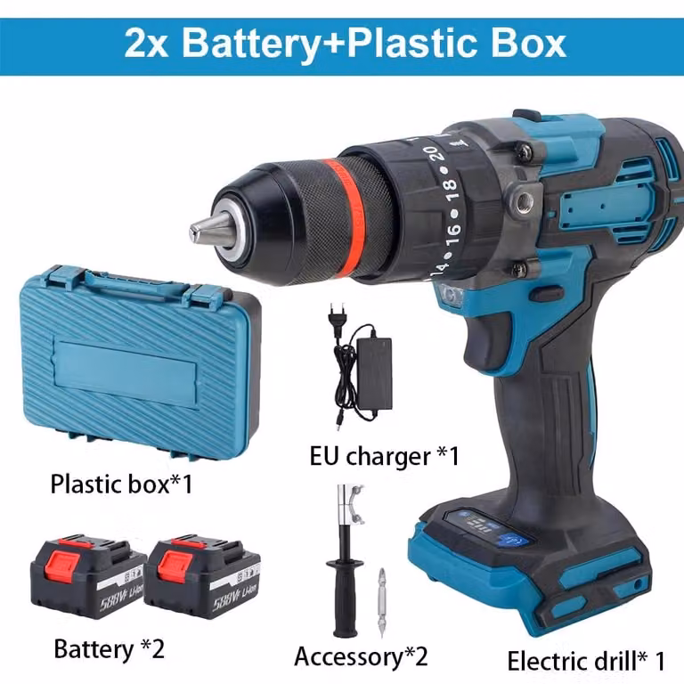 Trapano avvitatore a batteria - 13 mm - 650 Nm - 18 V - Motore brushless - 20+3 livelli di coppia - 2 batterie con spina europea