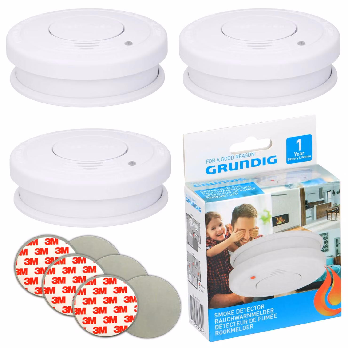 3 rilevatori di fumo da 85 dB con batteria da 9 V inclusa + set di adesivi 3M per rilevatori di incendio
