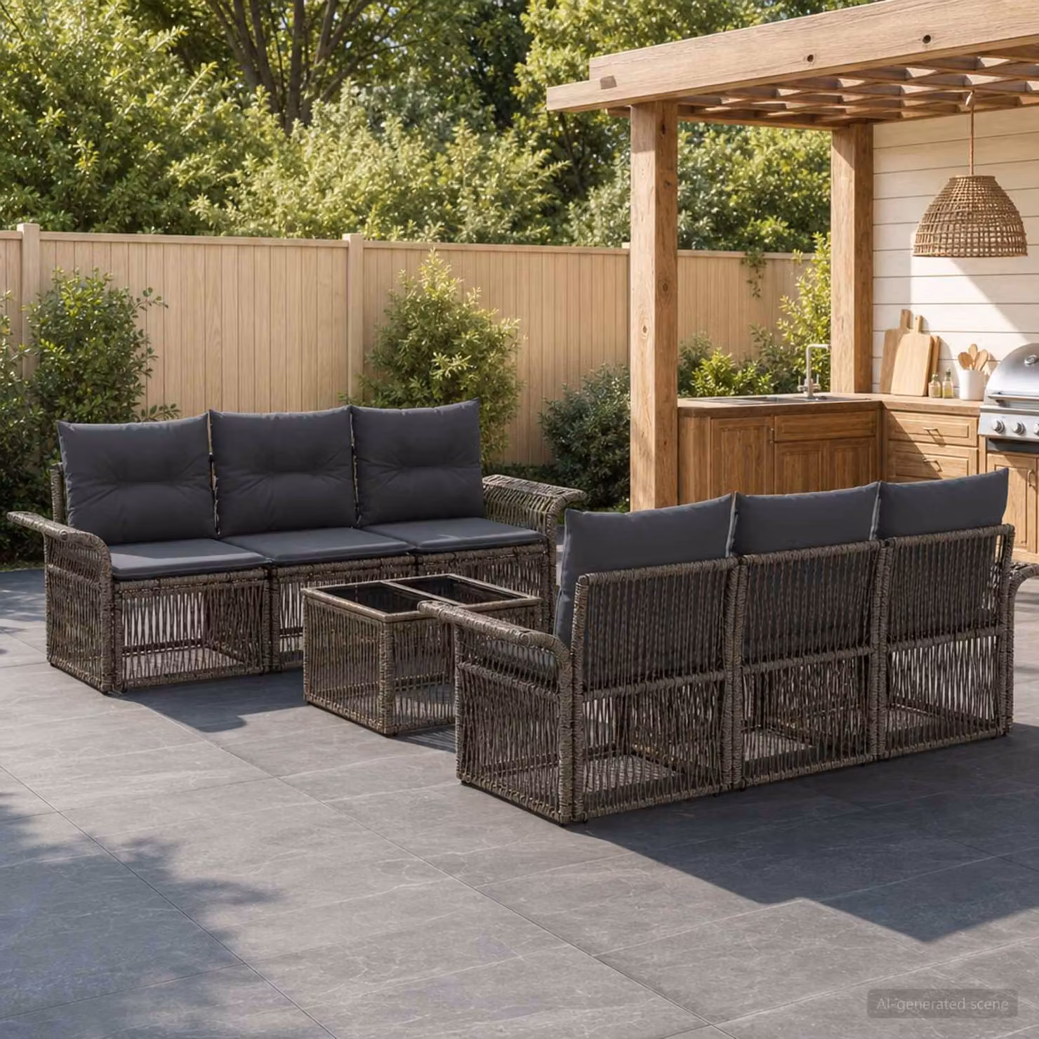 Set Divano da Giardino vidaXL 7 Pezzi in Polyrattan Grigio con Tavolino e Cuscini