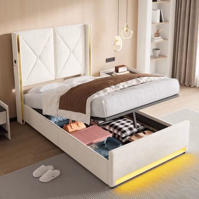 Letto contenitore singolo 90×200 cm con tasche, USB, Type-C e LED regolabile, senza materasso, in velluto beige