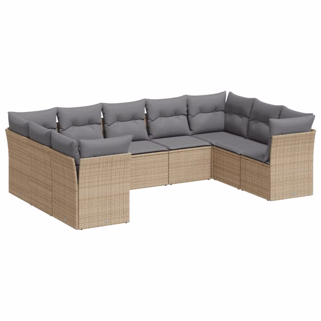 Set Divano da Giardino 9 pz con Cuscini Beige in Polyrattan
