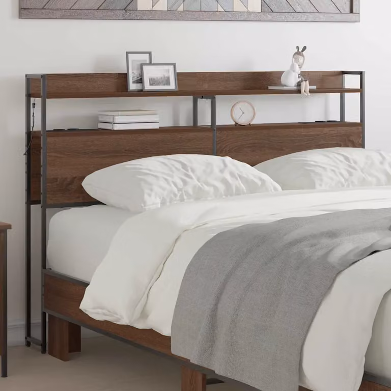Testata del letto con contenitore e illuminazione integrata vidaXL in legno e metallo marrone Rovere L: 140,5 cm, H: 98,0 cm, P: 17,06 cm