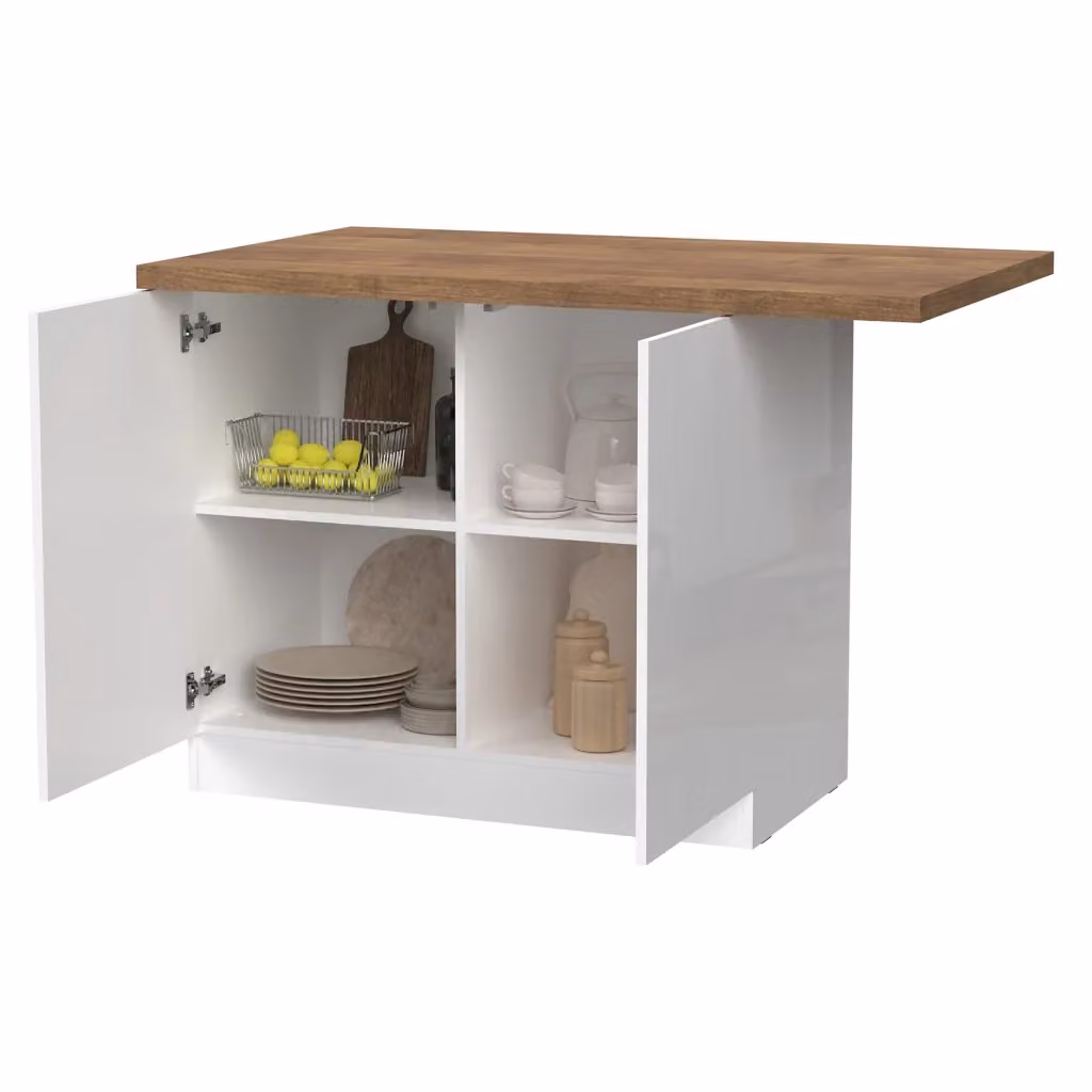 Isola da cucina DMORA Miha con 2 ripiani e ante a battente, Bianco e Marrone Lucido, L: 130 cm, P: 80 cm, H: 90 cm – 2