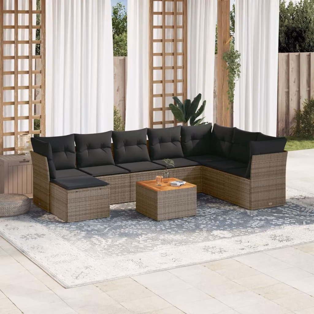 vidaXL Set Divano da Giardino 9 pz a Forma di L in Polyrattan Grigio con Cuscini e Tavolino – 1