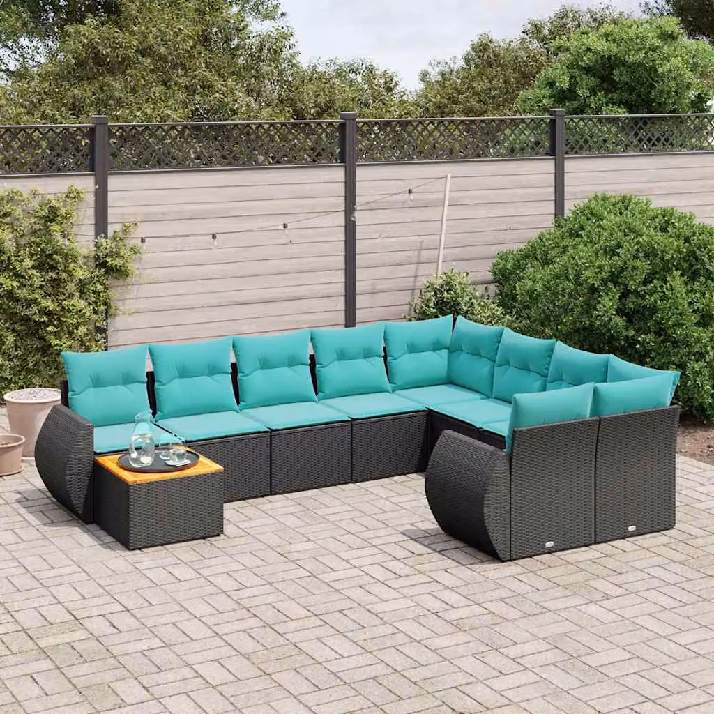 Set di divani da giardino vidaXL in polyrattan nero con cuscini e tavolino da esterno a forma di U
