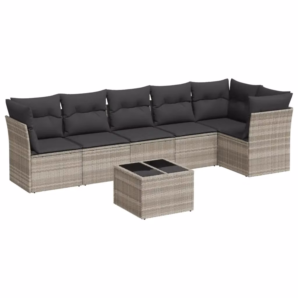 vidaXL Set Divani da Giardino 7 Pezzi a Forma di L con Tavolino e Cuscini Grigio Chiaro in Polyrattan e Metallo – 2