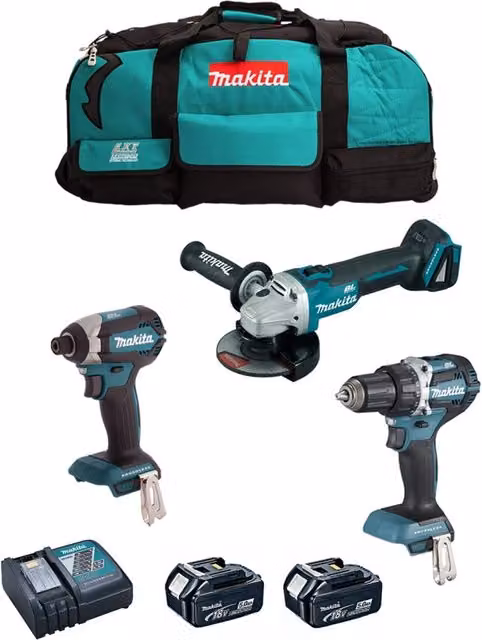 Kit utensili ricaricabili Makita DLX3125TX1 con avvitatore DDF484, avvitatore a impulsi DTD153, smerigliatrice DGA506, 2 batterie da 5,0 Ah e caricabatterie DC18RC con borsa da trasporto