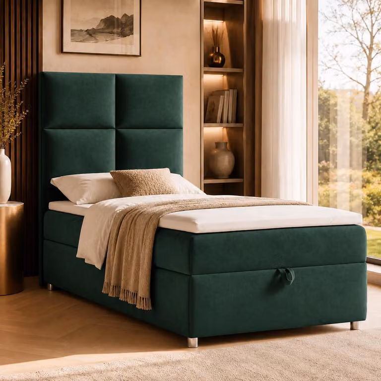 Best for Home Letto boxspring con contenitore Trinity K2-SINGLE 90x200 Materasso a molle Bonell incl. topper – Grun
