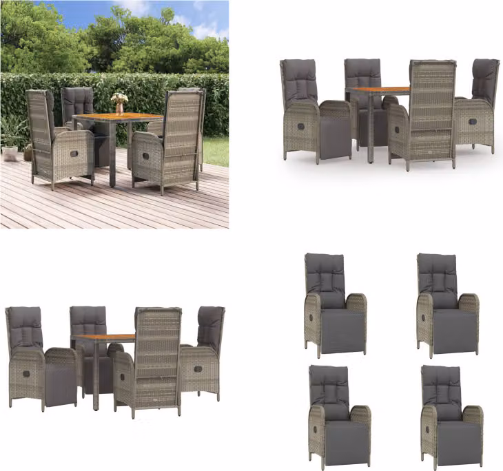 vidaXL Set da pranzo da giardino 5 pezzi con cuscini in poly rattan grigio - Set da pranzo da giardino - Set da pranzo da giardino - Set da pranzo da terrazza