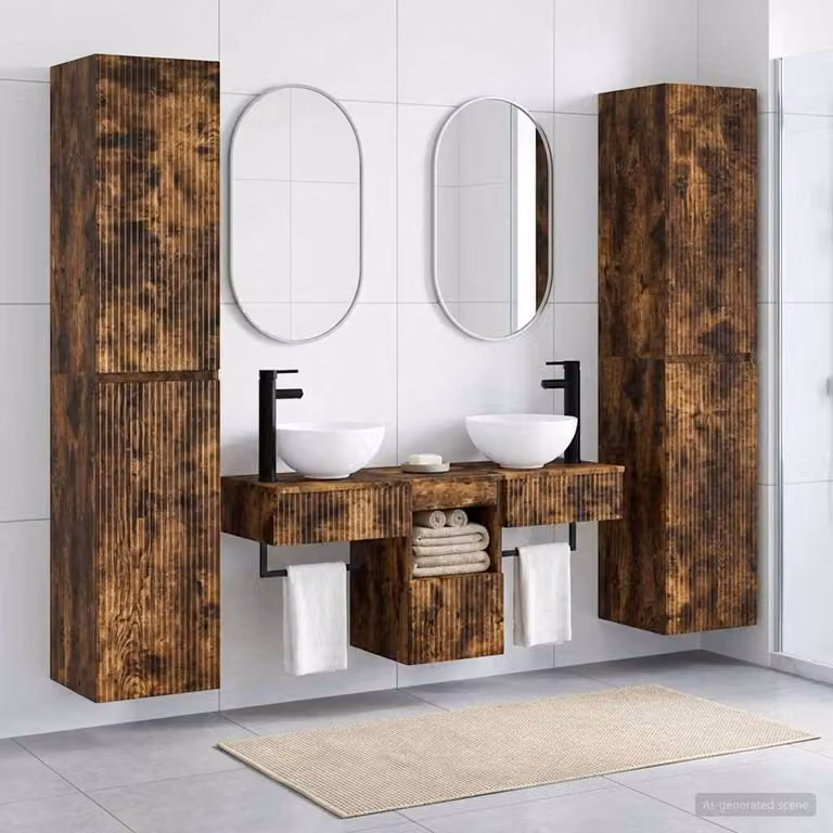 Set di mobili per il bagno moderno vidaXL in 5 pezzi color rovere fumo con vanità e pensili, L/P/H: 33 x 34,5 x 160 cm