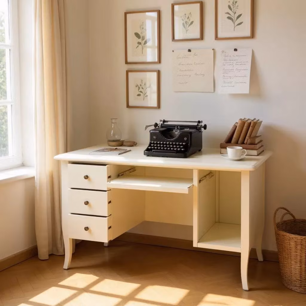 Scrivania porta computer in legno di pino stile arte povera color avorio opaco Mobili 2G L: 130 cm, P: 75 cm, H: 81 cm – 2