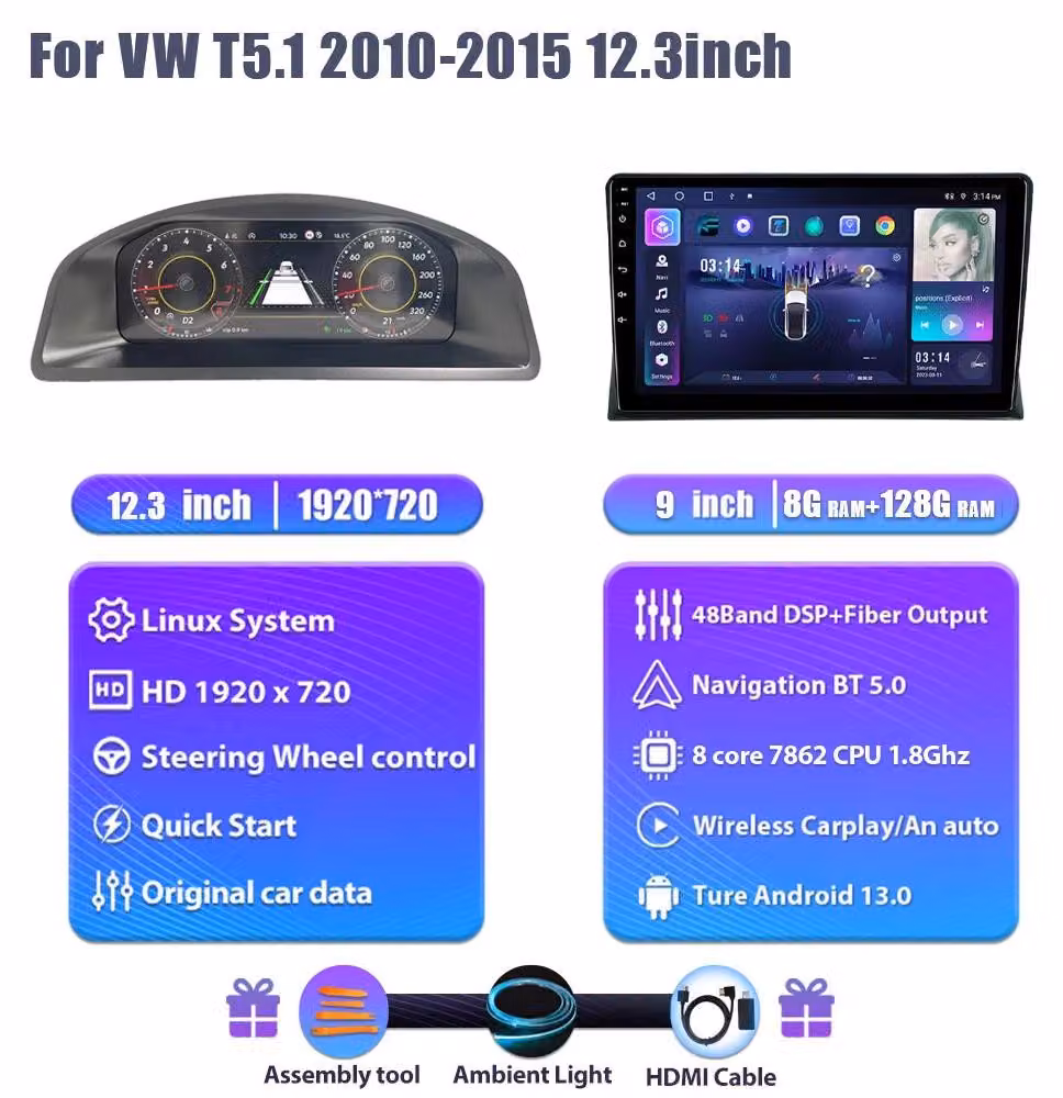 Cruscotto digitale per VW T5 - Gruppo strumenti LCD - Display per auto - Pannello strumenti - Cruscotto Android
