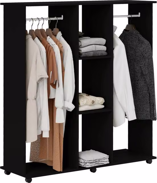 Armadio Minimal con Rollante e Appendiabiti in Legno Nero L: 120 cm, P: 40 cm, H: 128 cm – 1