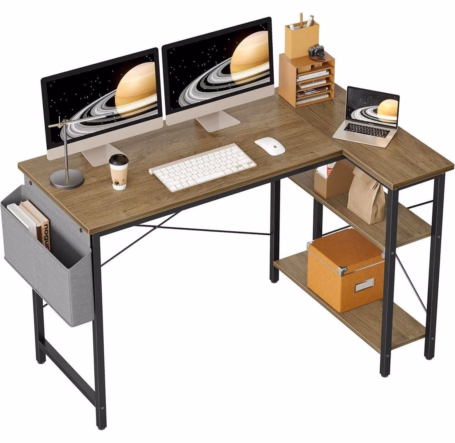 Scrivania a forma di L, dimensioni 120x70 cm, con vani portaoggetti, reversibile, scrivania angolare per studio e lavoro, colore grigio/marrone