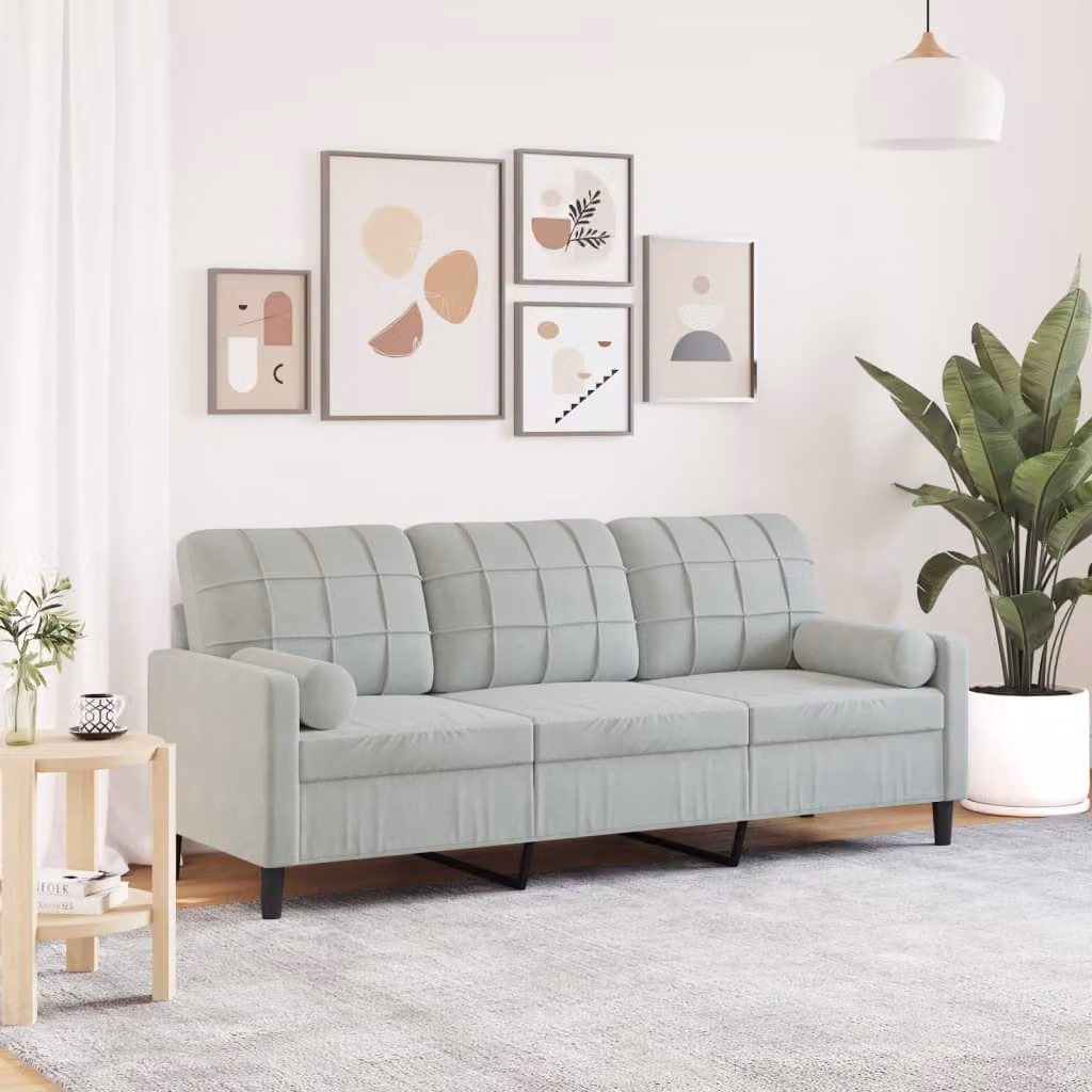 vidaXL Divano a 3 Posti Moderno in Velluto Grigio con Cuscini e Coperture Rimovibili L: 197 cm, P: 80 cm, H: 77 cm