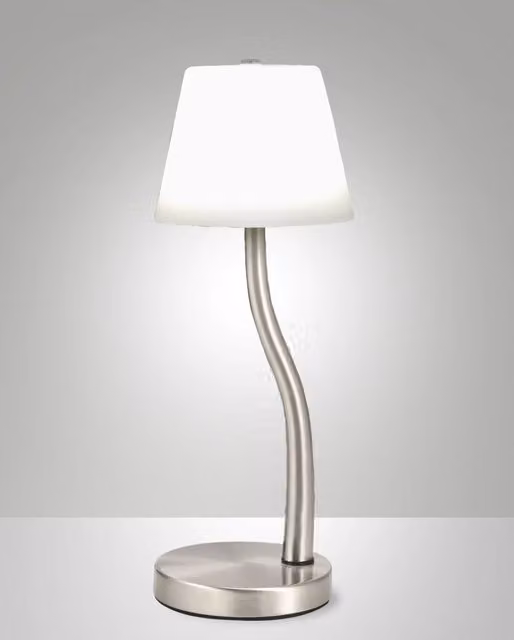 Lampada da Tavolo LED Ibla Fabas con Struttura in Metallo e Vetro Soffiato, Dimmerabile al Tocco, Colore Nichel Satinato e Luce Bianco Caldo