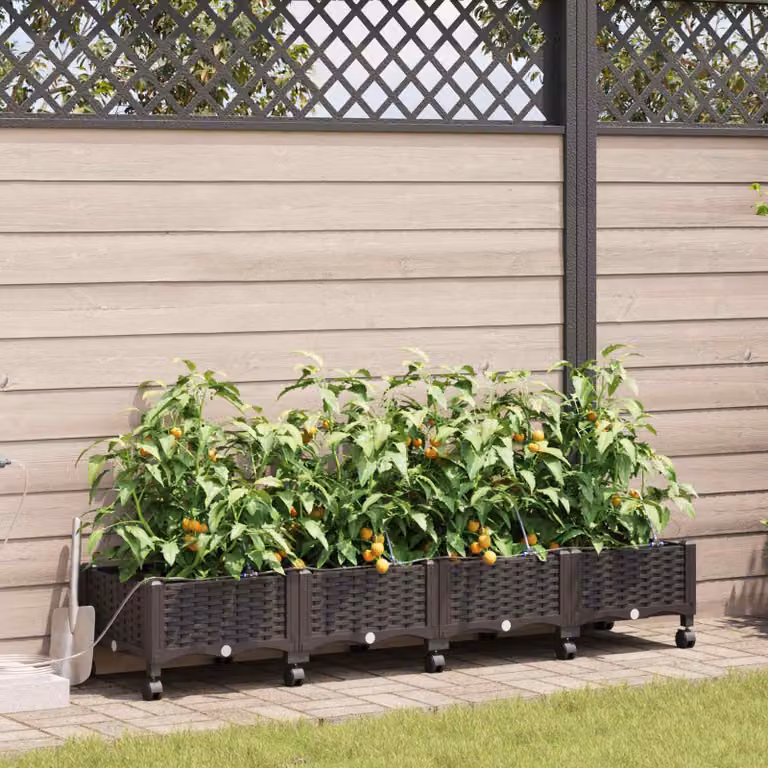 Set di 4 vasi da giardino con irrigazione e ruote vidaXL, colore marrone, in plastica