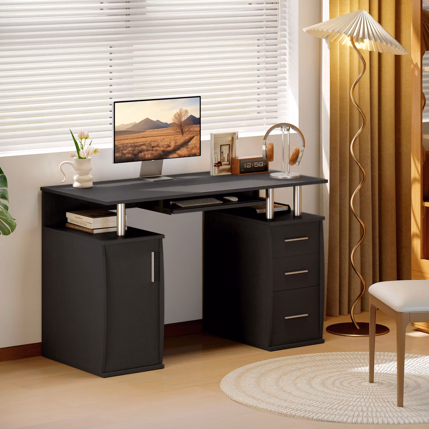 Scrivania per computer HOMCOM moderna con vassoio tastiera e 3 cassetti, colore nero, L: 120 cm, P: 55 cm – 2
