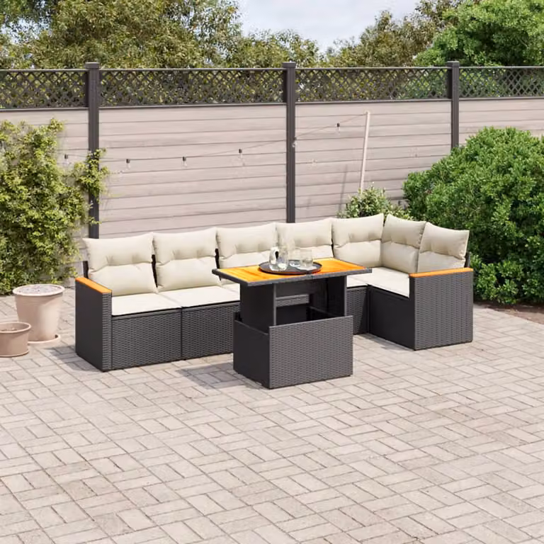 vidaXL Set Divani da Giardino a L con Polyrattan e Cuscini, 7 Pezzi, Nero e Bianco