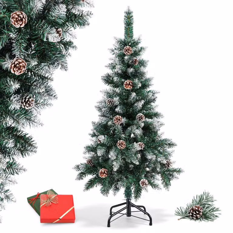 Albero di Natale Ikodm, altezza 120 cm, con decorazioni a forma di neve e 15 pigne, albero di abete artificiale con 180 punte, base in metallo