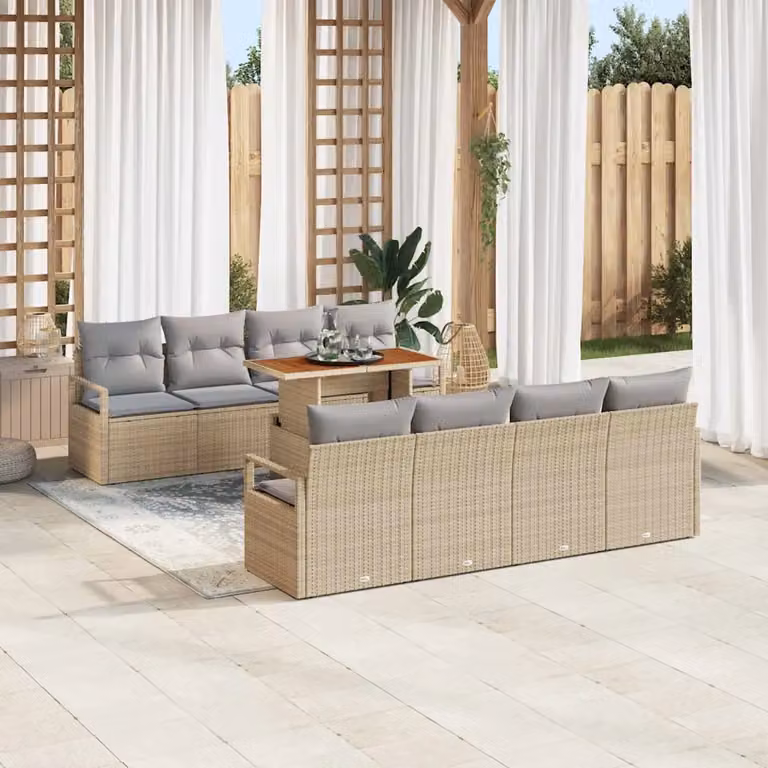 Set Divano da Giardino vidaXL 9 Pezzi a Forma di U con Tavolino e Pouf, Colore Beige e Grigio