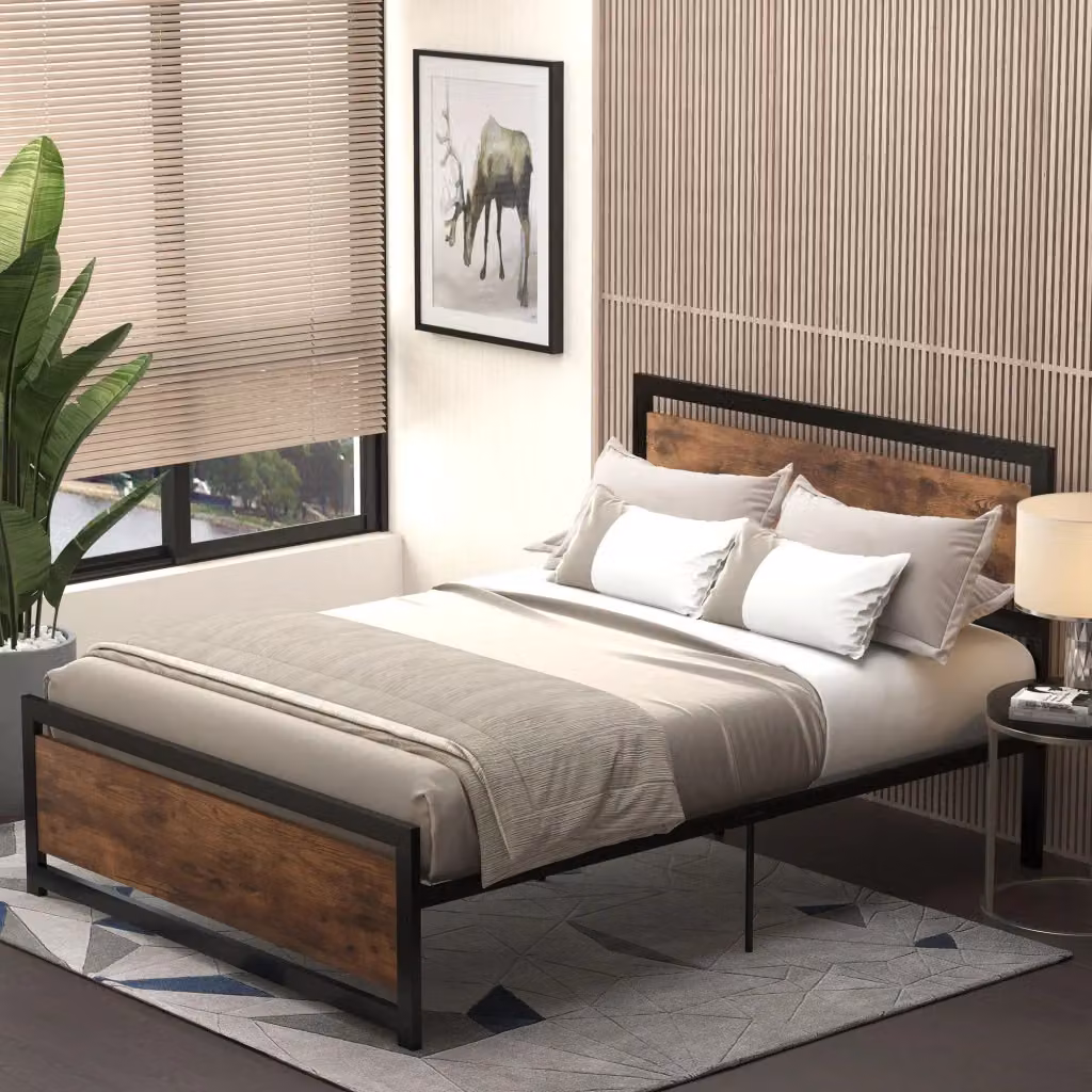 Struttura Letto Una Piazza e Mezzo GIORDANOSHOP in Stile Industrial con Doghe Integrate, Colore Nero e Marrone, L/P/H: 140 x 200 x 103 cm – 2