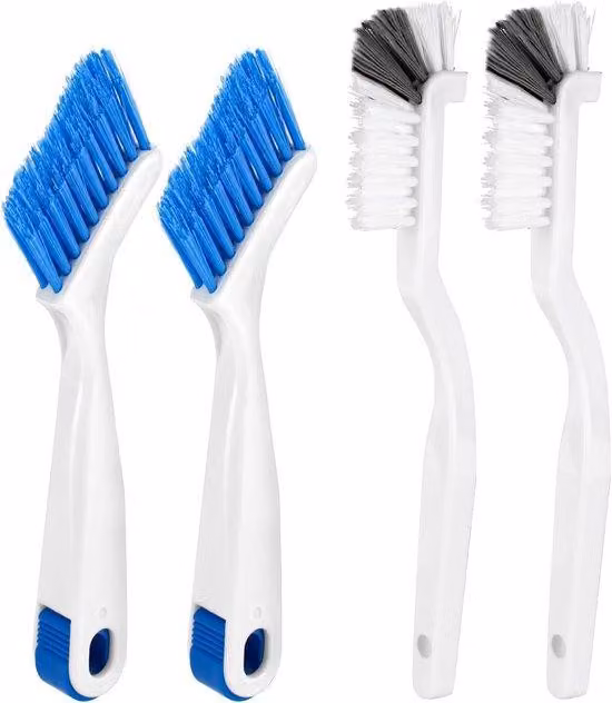 Set composto da 4 piccole spazzole abrasive multifunzionali con setole rigide per la pulizia di fessure e interstizi, completo di manici, adatte per grondaie, davanzali e angoli del bagno.