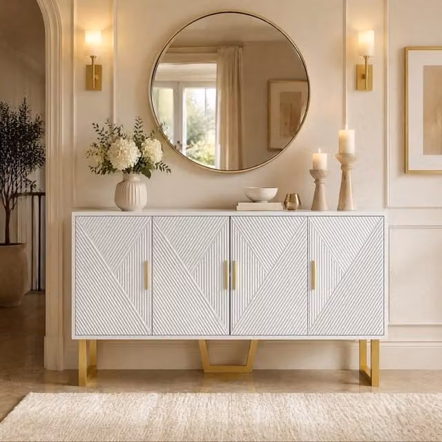 Credenza ULEVR 150x40x82 cm con 4 ante lucide, ripiani regolabili e gambe dorate, bianca