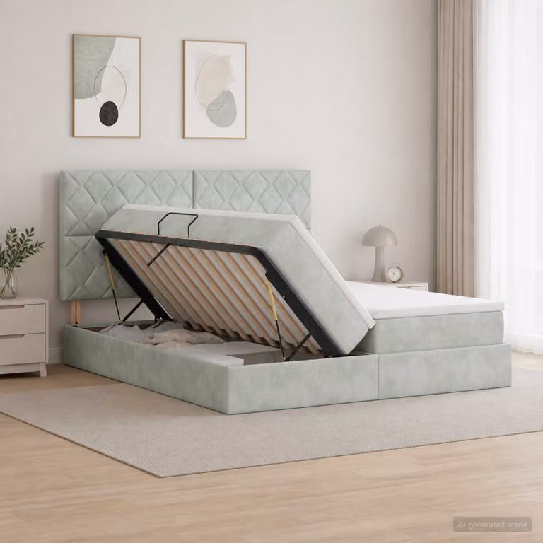 Letto con contenitore vidaXL in velluto grigio con base a sollevamento, L: 180 cm, P: 200 cm, H: 140 cm