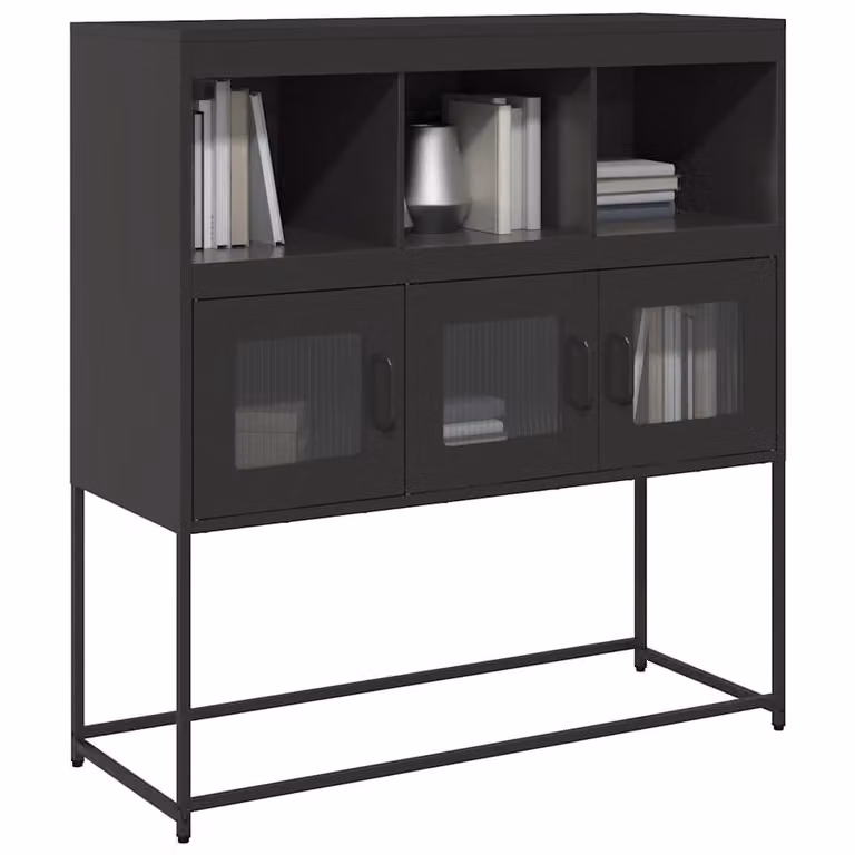 Credenza moderna vidaXL in metallo nero con ante in vetro e ripiani interni L: 100,5 cm, P: 39 cm, H: 107 cm