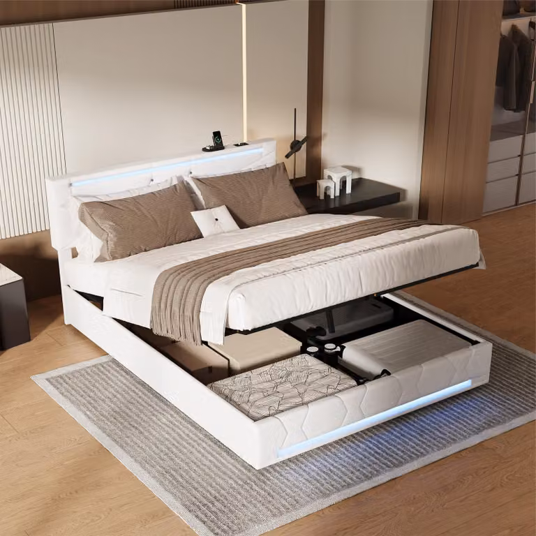 Letto matrimoniale 140 x 200 cm, contenitore idraulico, testata regolabile, illuminazione LED multicolore, lino, beige