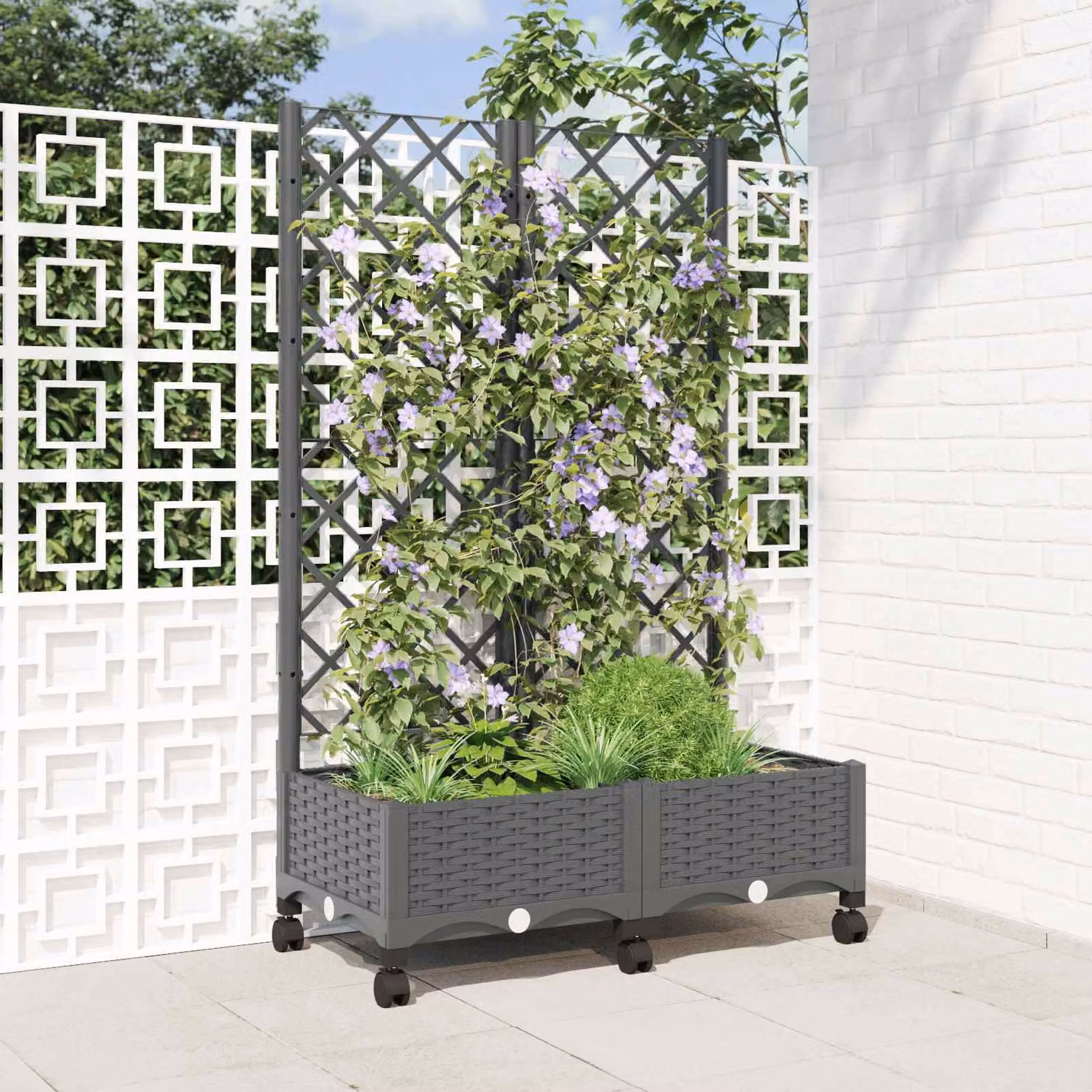 Vaso da giardino con grigliato e ruote vidaXL Grigio Chiaro in plastica per piante rampicanti, L: 80,0 cm, P: 40,0 cm, H: 131,5 cm