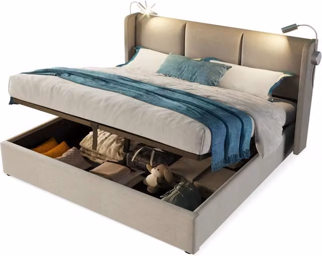 Letto Matrimoniale 140x200 in Lino Beige con Contenitore; Luce di Lettura e USB