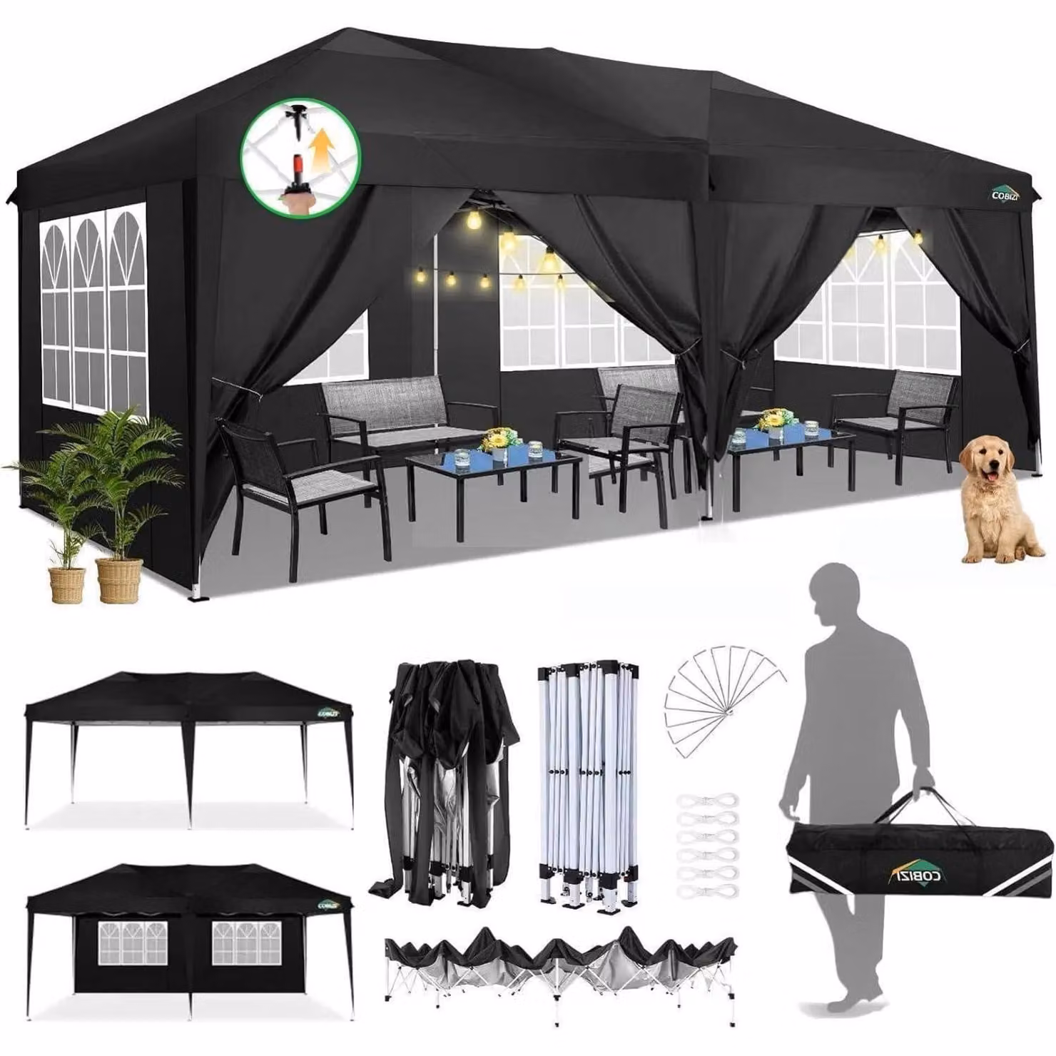 Tenda da festa impermeabile 3x6 metri con protezione UV, dotata di 6 pareti laterali, colore nero