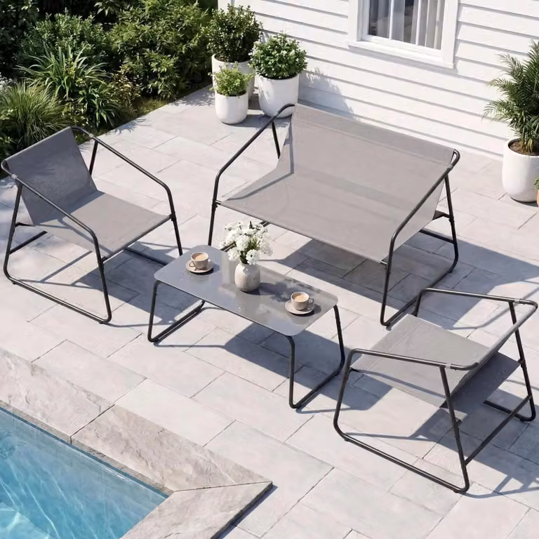 Arredamento da giardino - Set da 4 pezzi - 2 sedie, 1 panca, 1 tavolo - Per 4 persone - Tessuto Textilene - Struttura in metallo pieghevole, resistente agli agenti atmosferici - Grigio, stile 2
