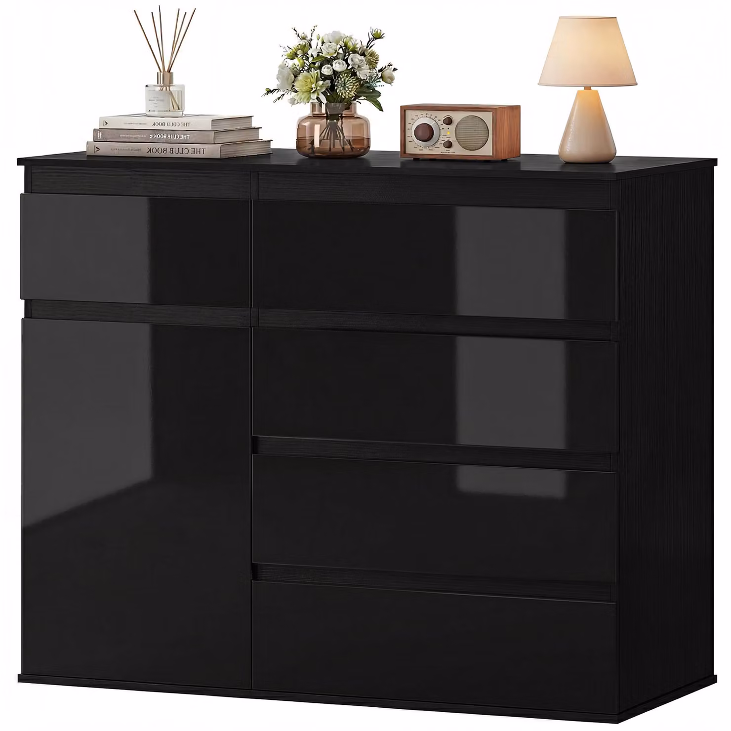 Credenza HOMCOM, cassettiera con 5 cassetti, ripiano regolabile, ante con chiusura ammortizzata