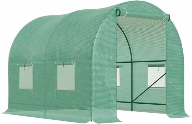 Serra da giardino Xylo in acciaio zincato e PE verde con porta e 4 finestre, L: 245 cm, P: 200 cm, H: 198 cm