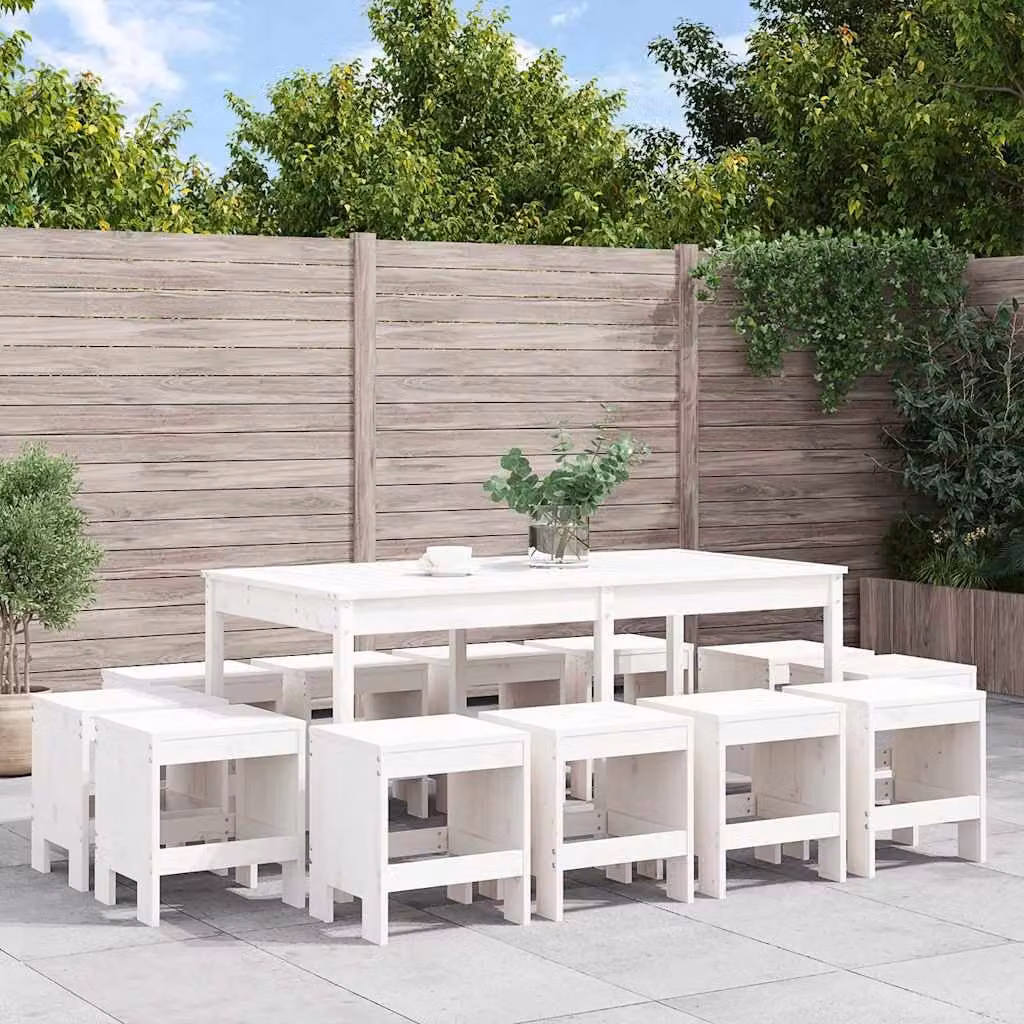 Set da pranzo per giardino e terrazzo vidaXL in legno di pino laccato bianco, 13 pezzi