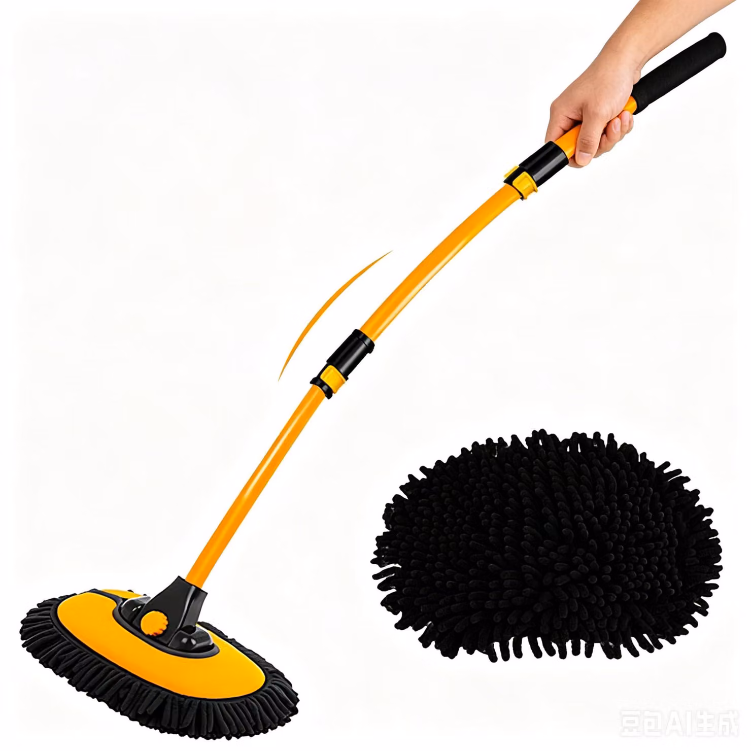 Spazzola per il lavaggio dell'auto, curva, 15 pezzi; asta telescopica, 109 cm; mop in microfibra
