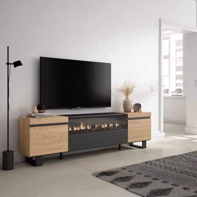 Mobile TV, 200x35x57cm, soggiorno, Per TV fino a 80", Camino elettrico, Design industriale, colore Rovere e nero RF2260
