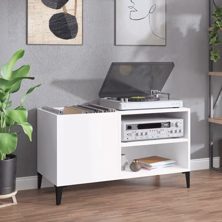 vidaXL Mobile Porta Dischi Bianco in Legno e Metallo, L/P/H: 84,5 x 38 x 48 cm