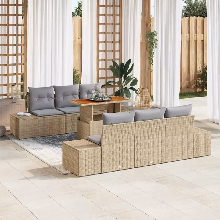 Set da pranzo da giardino moderno vidaXL in legno di acacia e rattan con 7 pezzi beige e grigio