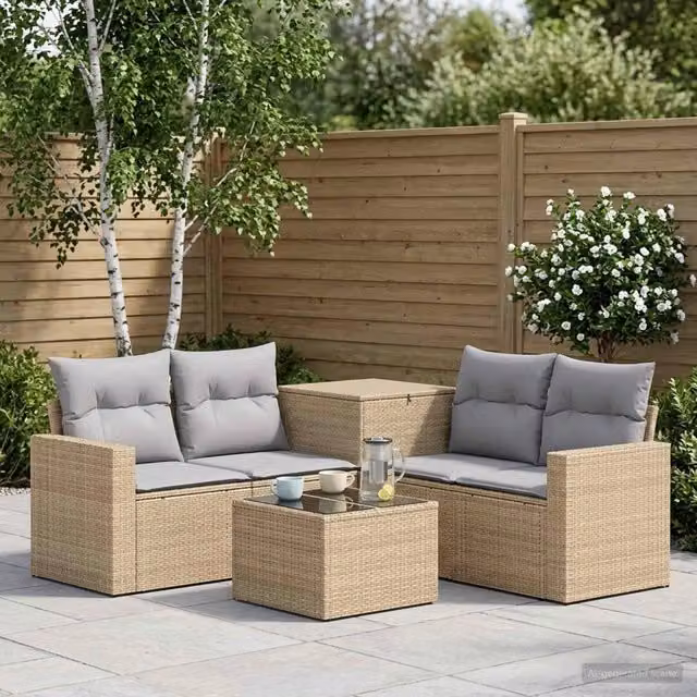Set di divani da giardino vidaXL in polyrattan con tavolino da caffè, 6 pezzi, Beige e Grigio – 1